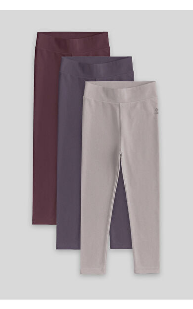 TommyLife Standart Fit Basic 3lü Paket Eflatun-Koyu Bej-Kahverengi  Kız Çocuk Tayt - 75047