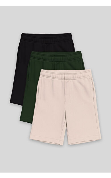 TommyLife Standart Fit Basic 3lü Paket Siyah-Çam Yeşili-Bej Erkek Çocuk Şort - 11293