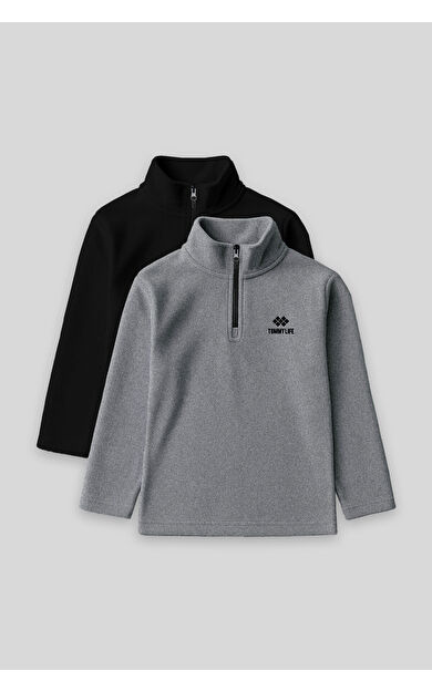 TommyLife Standart Fit 2li Paket Siyah-Gri Melanj Erkek Çocuk Polar Sweatshirt - 11221