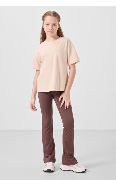 TommyLife Kahverengi Esnek Standart Fit Basic Performans İspanyol Paça Kız Çocuk Tayt - 75193