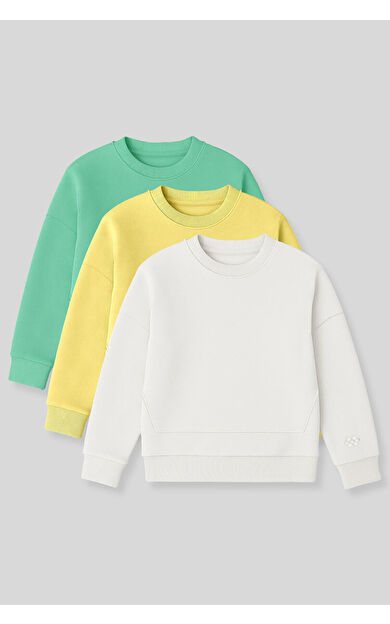 TommyLife Oversize 3lü Paket Sarı-Ekru-Su Yeşili Kız Çocuk Sweatshirt - 75150