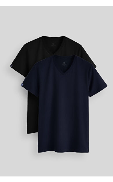 TommyLife Standart Fit Basic V Yaka 2li Paket Siyah-Lacivert Erkek T-Shirt - 87912