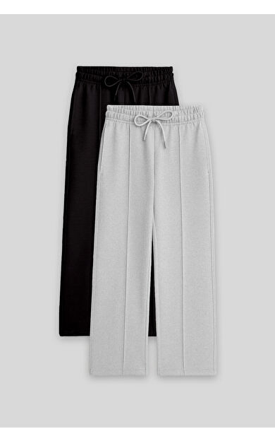 TommyLife Standart Fit 2li Paket Siyah-Kar Melanj Kız Çocuk Eşofman Alt -75144