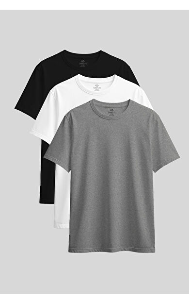 TommyLife Standart Fit Basic O Yaka 3lü Paket Siyah-Beyaz-Gri Melanj Kadın T-Shirt - 97311