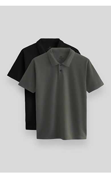 TommyLife Standart Fit Basic Polo Yaka 2li Paket Siyah-Çağla Erkek T-Shirt - 87748