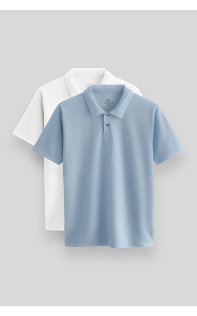 TommyLife Standart Fit Basic Polo Yaka 2li Paket Beyaz-Buz Mavi Erkek T-Shirt - 87748