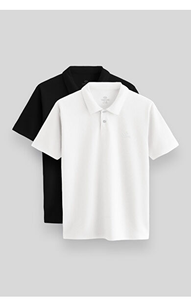 TommyLife Standart Fit Basic Polo Yaka 2li Paket Siyah-Beyaz Erkek T-Shirt - 87748