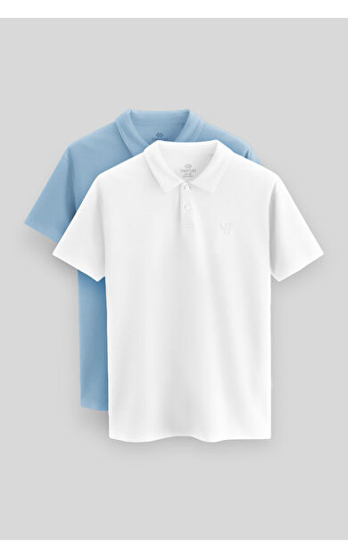 TommyLife Standart Fit Basic Polo Yaka 2li Paket Beyaz-Buz Mavi Erkek T-Shirt - 87768