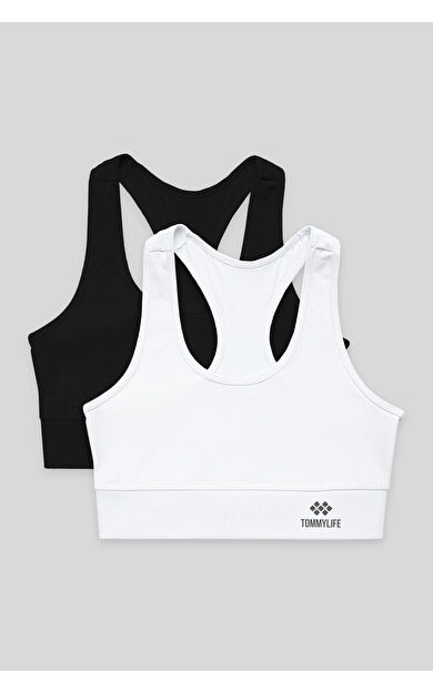 TommyLife Slim Fit U Yaka 2li Paket Siyah-Beyaz Kadın Spor Büstiyer - 97120