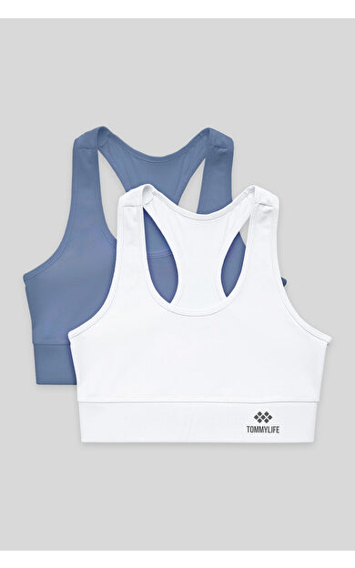 TommyLife Slim Fit U Yaka 2li Paket Petrol-Beyaz Kadın Spor Büstiyer - 97120
