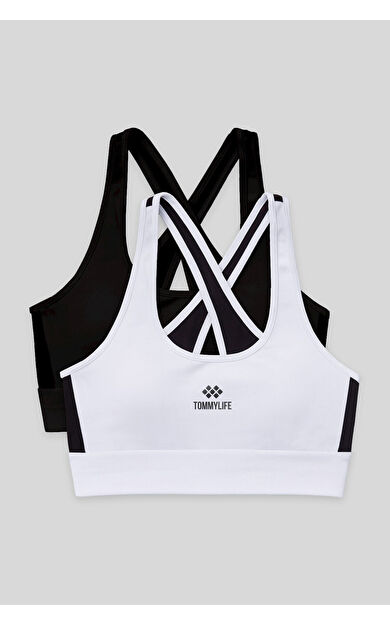 TommyLife Slim Fit U Yaka 2li Paket Siyah-Beyaz Kadın Spor Büstiyer - 97121