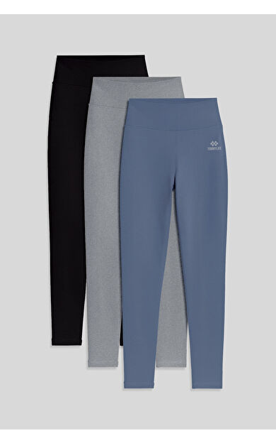 TommyLife Slim Fit 3lü Paket Siyah-Gri Melanj-Petrol Kadın Tayt - 94011