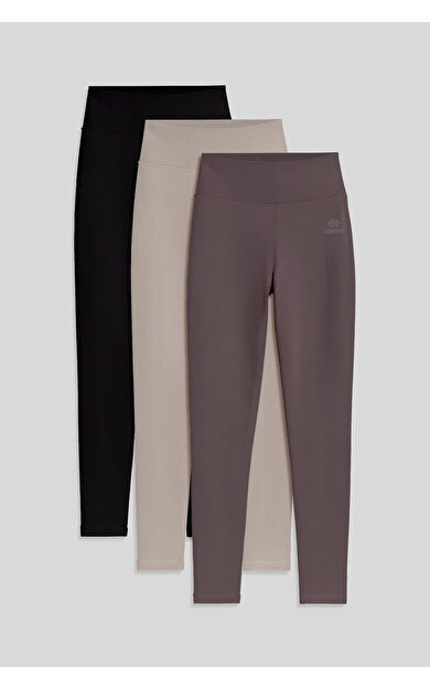 TommyLife Slim Fit 3lü Paket Koyu Bej-Kahverengi-Siyah Kadın Tayt - 94011