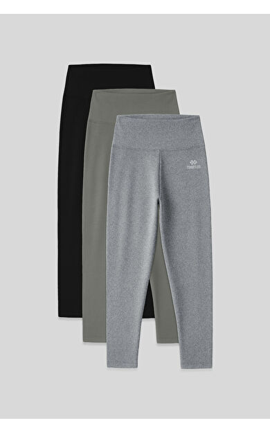 TommyLife Slim Fit 3lü Paket Siyah-Çağla-Gri Melanj Kadın Kapri Tayt - 93097
