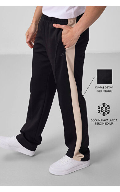 TommyLife Siyah-Bej Yüzeyi Dokulu Standart Fit Palazzo Erkek Pantolon - 82171