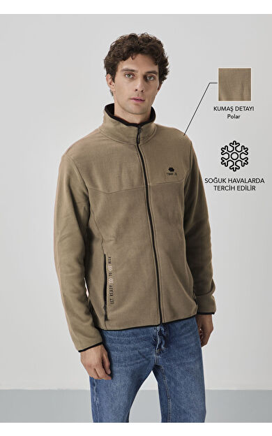 TommyLife Camel Yazı Nakışlı Dik Yaka Fermuarlı Standart Kalıp Erkek Sweatshirt Polar - 87992
