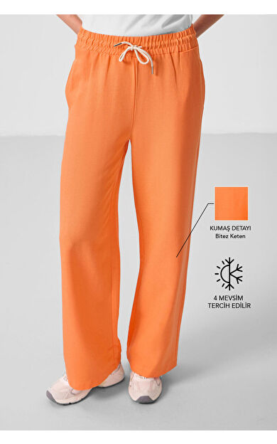 TommyLife Oranj Keten Geniş Paça Rahat Form Kadın Palazzo Pantolon - 94675