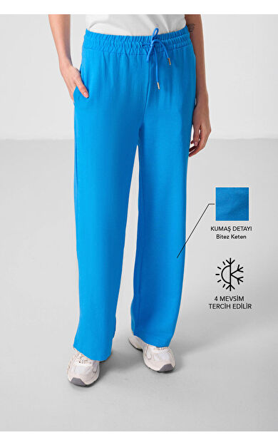 TommyLife Mavi Keten Geniş Paça Rahat Form Kadın Palazzo Pantolon - 94675