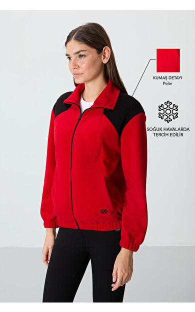 TommyLife Kırmızı Kalın Yumuşak Dokulu Dik Yaka Oversize Nakışlı Polar Kadın Sweatshirt - 97293
