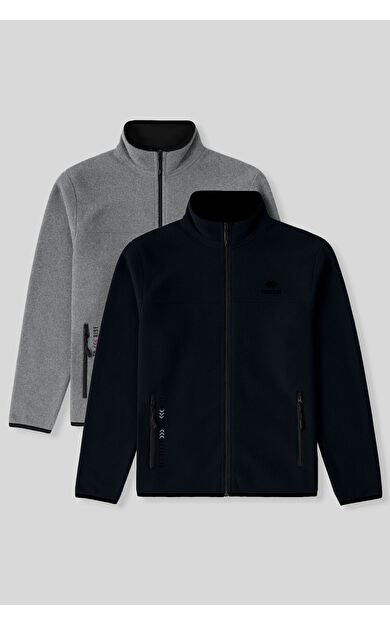 TommyLife Standart Kalıp Dik Yaka 2li Paket Lacivert-Gri Melanj Erkek Polar Sweatshirt - 87992