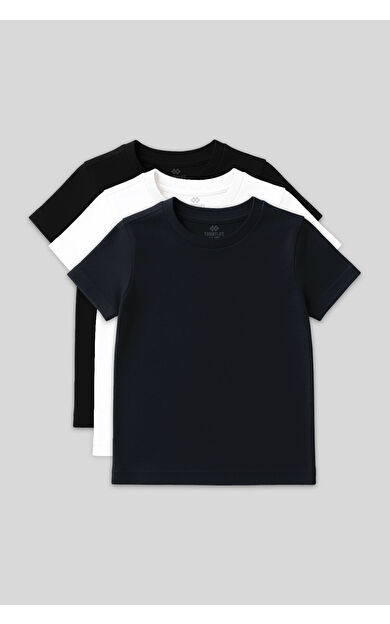 TommyLife Standart Fit Basic O Yaka 3lü Paket Siyah-Beyaz-Lacivert Unisex Çocuk T-Shirt - 11328