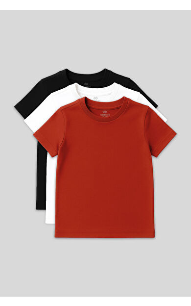 TommyLife Standart Fit Basic O Yaka 3lü Paket Siyah-Beyaz-Fiesta Unisex Çocuk T-Shirt - 11328