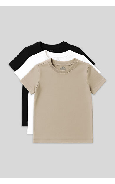 TommyLife Standart Fit Basic O Yaka 3lü Paket Siyah-Beyaz-Bej Unisex Çocuk T-Shirt - 11328