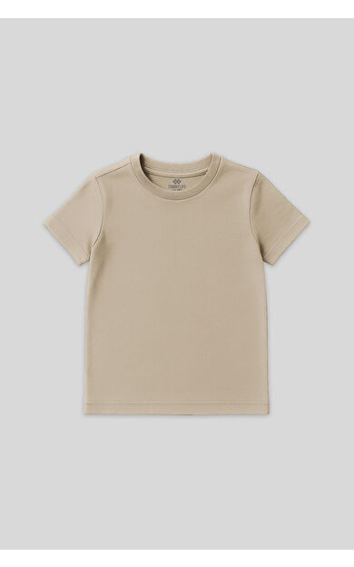 TommyLife Bej O Yaka Standart Fit Basic Unisex Çocuk T-Shirt - 11328