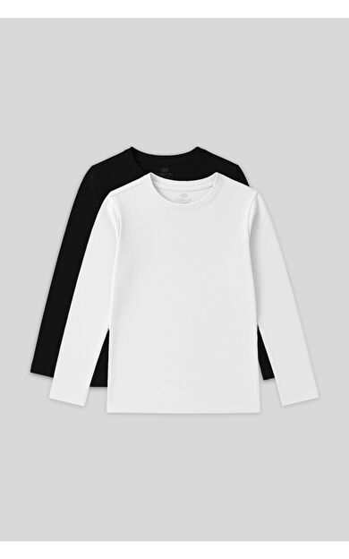 TommyLife Standart Fit Basic O Yaka 2li Paket Siyah-Beyaz Unisex Çocuk T-Shirt - 11329