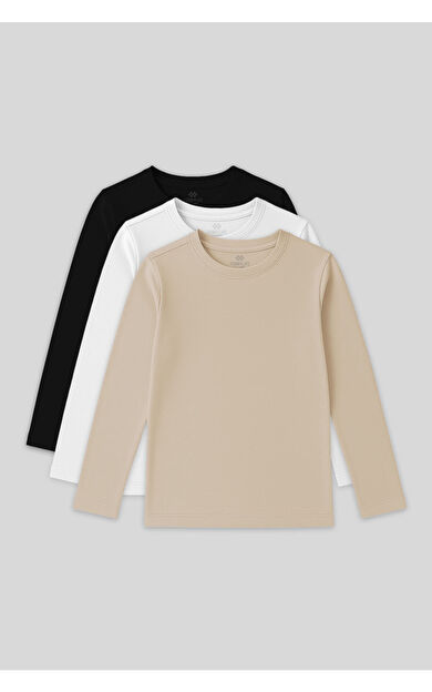 TommyLife Standart Fit Basic O Yaka 3lü Paket Siyah-Beyaz-Bej Unisex Çocuk T-Shirt - 11329