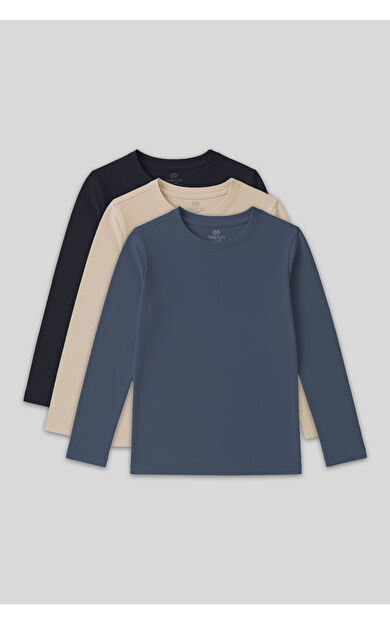 TommyLife Standart Fit Basic O Yaka 3lü Paket Lacivert-Bej-Koyu Mavi Unisex Çocuk T-Shirt - 11329