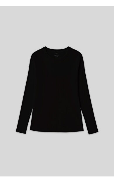 TommyLife Siyah O Yaka Standart Fit Uzun Kollu Basic Kadın T-Shirt - 97312