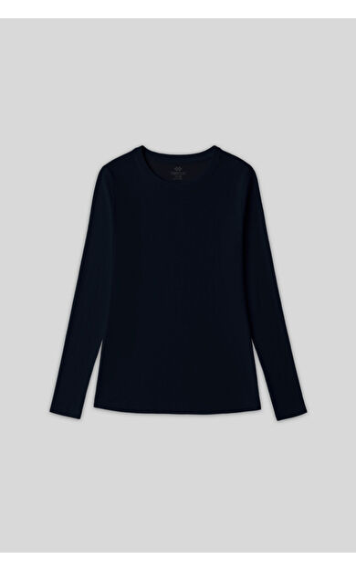 TommyLife Lacivert O Yaka Standart Fit Uzun Kollu Basic Kadın T-Shirt - 97312