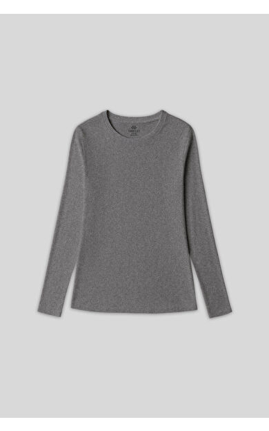 TommyLife Gri Melanj O Yaka Standart Fit Uzun Kollu Basic Kadın T-Shirt - 97312