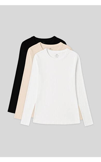 TommyLife Standart Fit Basic O Yaka 3lü Paket Siyah-Beyaz-Bej Kadın T-Shirt - 97312