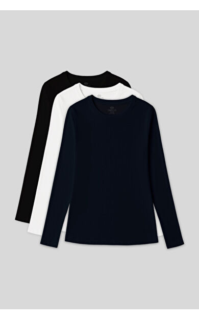 TommyLife Standart Fit Basic O Yaka 3lü Paket Siyah-Beyaz-Lacivert Kadın T-Shirt - 97312
