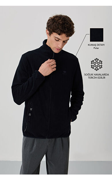 TommyLife Lacivert Yazı Nakışlı Dik Yaka Fermuarlı Standart Kalıp Erkek Sweatshirt Polar - 87992