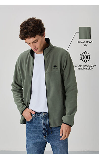 TommyLife Çağla Yazı Nakışlı Dik Yaka Fermuarlı Standart Kalıp Erkek Sweatshirt Polar - 87992