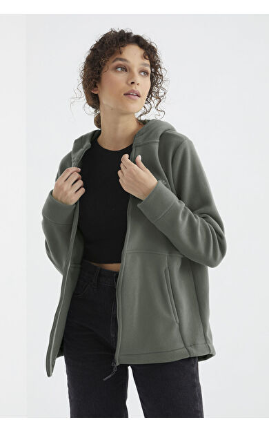 TommyLife Çağla Kapüşonlu Fermuarlı Rahat Form Kadın Polar Sweatshirt - 97233
