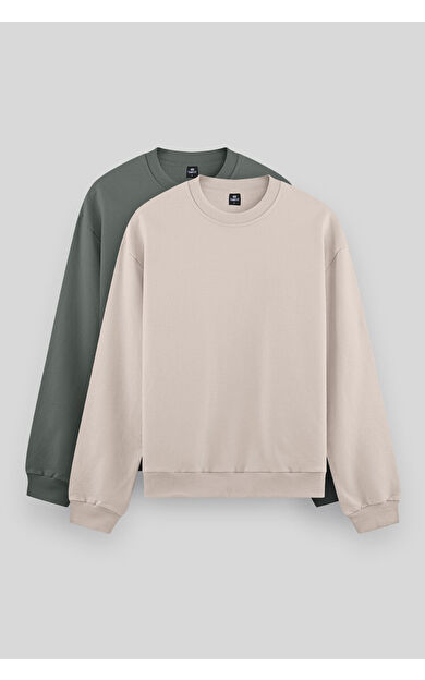 TommyLife Standart Fit Basic O Yaka 2li Paket Bej-Çağla Erkek Sweatshirt - 88053