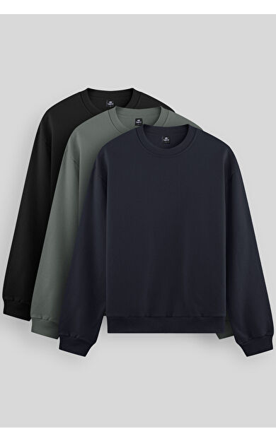 TommyLife Standart Fit Basic O Yaka  3lü Paket Siyah-Bej-Çağla Erkek Sweatshirt 88053