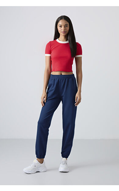 TommyLife İndigo Cepli Yüksek Bel Rahat Form Lastik Paça Kadın Eşofman Alt - 94583