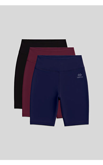 TommyLife Slim Fit 3lü Paket Siyah-İndigo-Bordo Kadın Kısa Biker Tayt - 91007