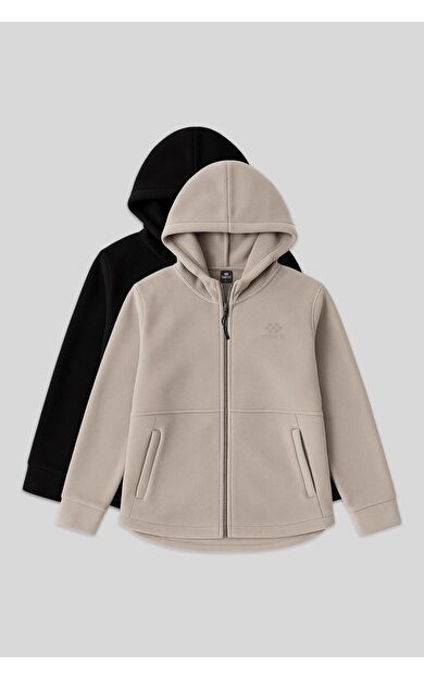 TommyLife Rahat Form Kapüşonlu 2li Paket Siyah-Koyu Bej Kadın Polar Sweatshirt - 97233