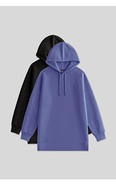 TommyLife Oversize Kapüşonlu 2li Paket Siyah-Eflatun Kadın Tunik Sweatshirt - 97242