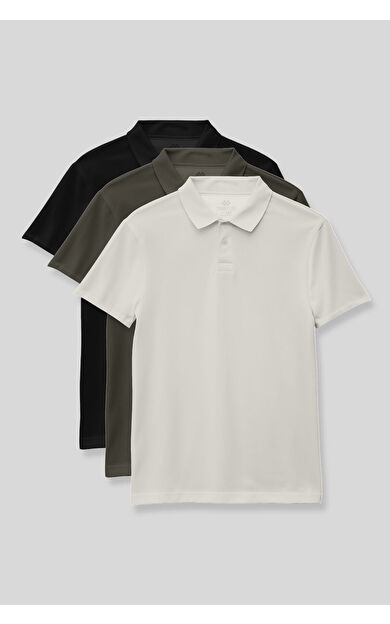 TommyLife Standart Fit Basic Polo Yaka 3lü Paket Siyah-Haki-Ekru Unisex Çocuk T-Shirt - 11330
