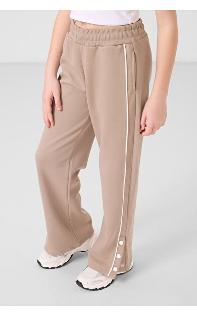 TommyLife Koyu Bej Geniş Paça Çıt Çıt Detaylı Kız Çocuk Palazzo Pantolon - 75199