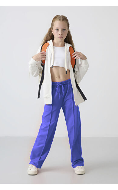 TommyLife Eflatun Cepli Ön Dikiş Detaylı Geniş Paça Kız Çocuk Eşofman Altı -75144