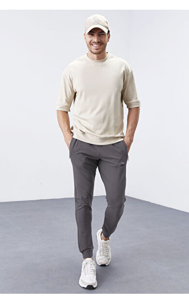 TommyLife Koyu Gri Fermuar Cepli Dar Kalıp  Jogger Erkek Eşofman Alt - 84343