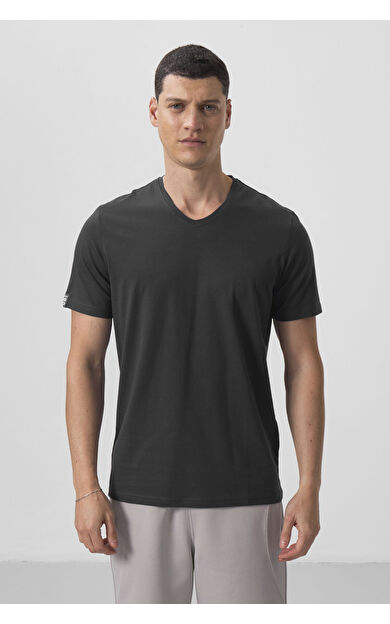 TommyLife Antrasit Basic Kısa Kol Standart Kalıp V Yaka Erkek T-Shirt - 87912